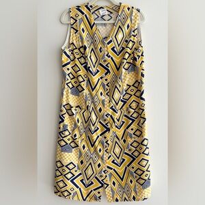 Jolida Vintage Geometric Button Front Dress, Yellow/Blue/White, Size Large
